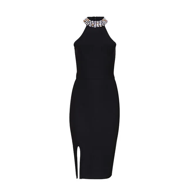 Sleeveless Split Halter Diamonds Black Dress