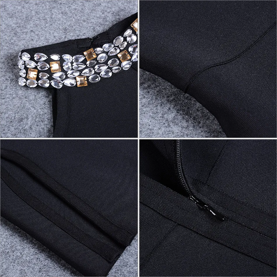 Sleeveless Split Halter Diamonds Black Dress
