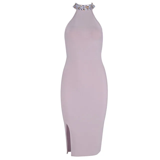 Sleeveless Split Halter Diamonds Black Dress