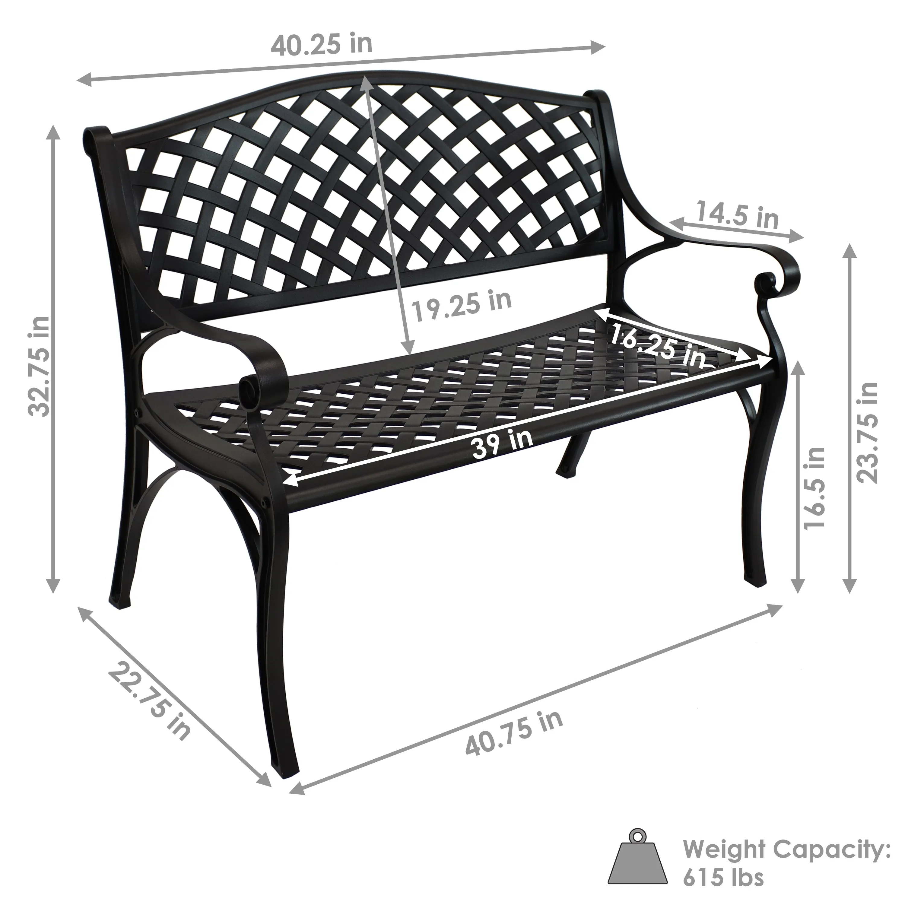 Sunnydaze 2-Person Checkered Cast Aluminum Metal Garden Bench - Black