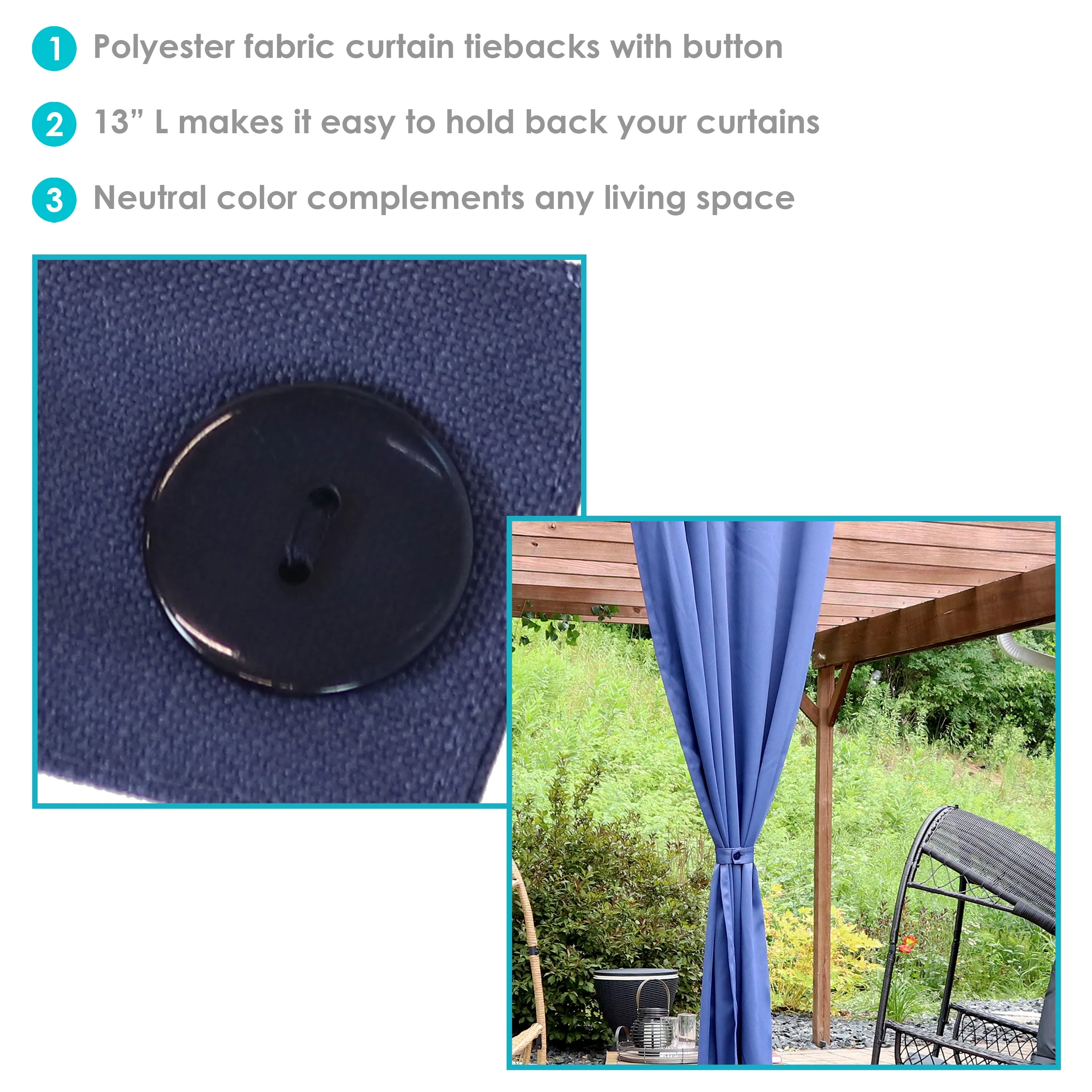 Sunnydaze Outdoor Spun Polyester Fabric Curtain Tiebacks - Set of 2