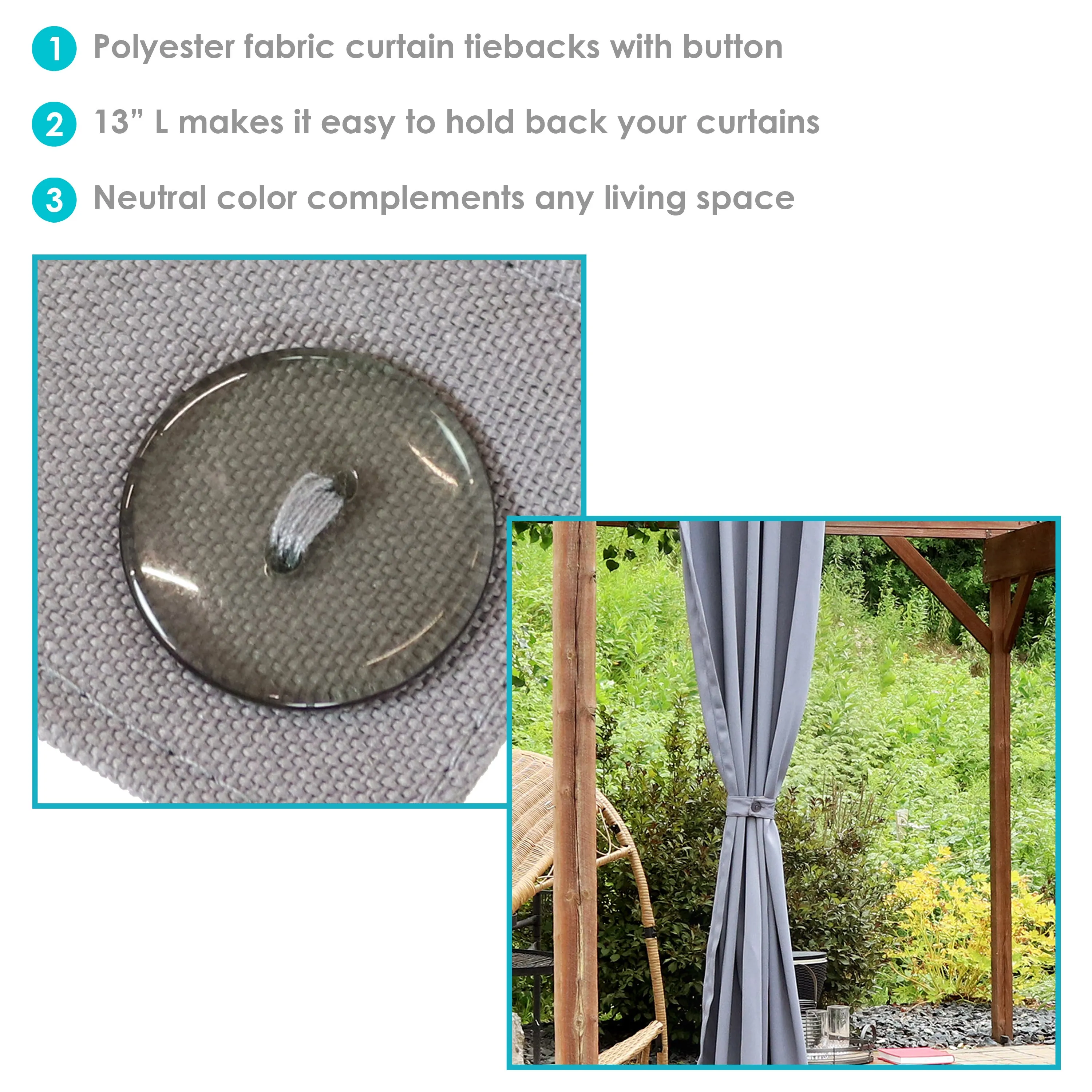 Sunnydaze Outdoor Spun Polyester Fabric Curtain Tiebacks - Set of 2