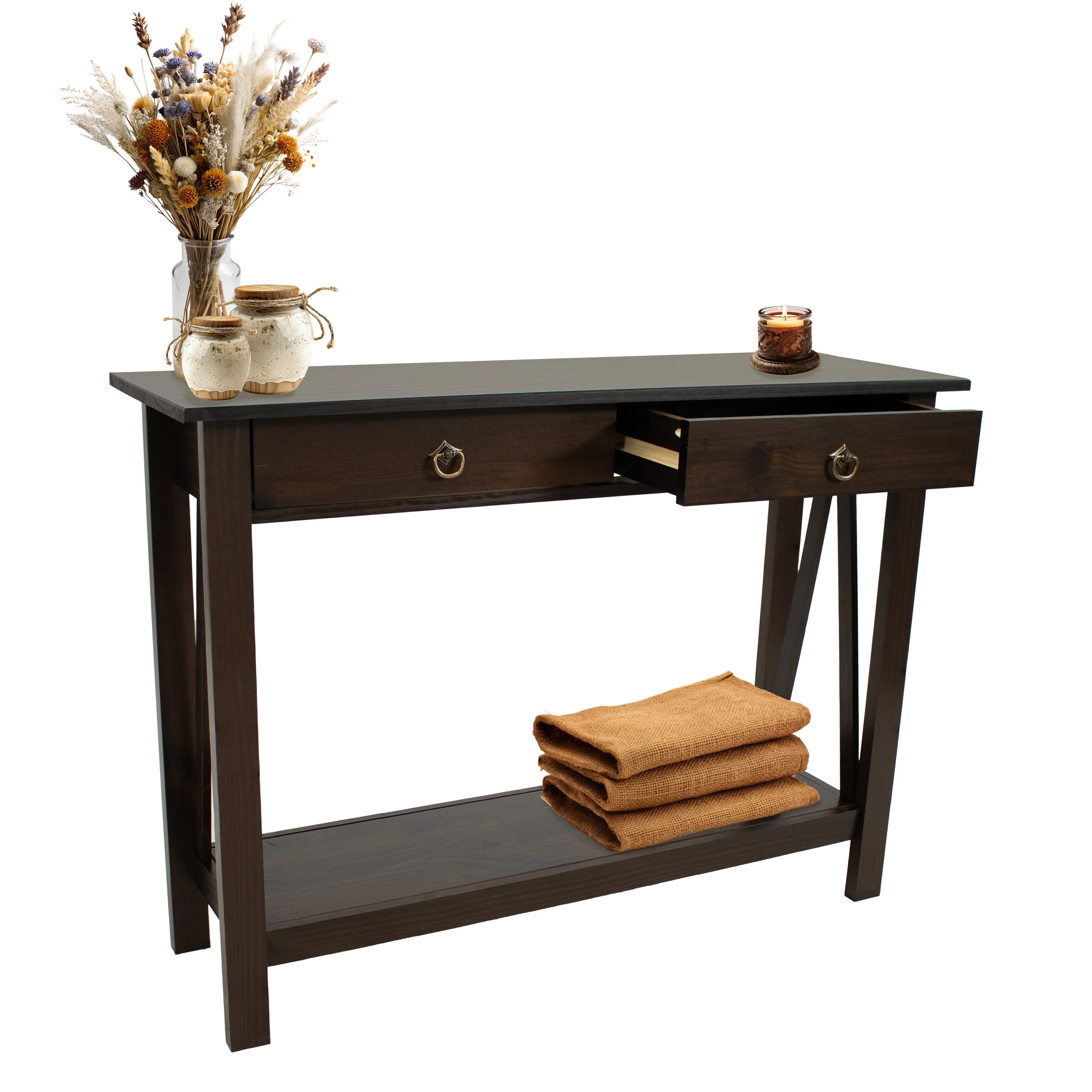Sunnydaze Pine Wood Console Table with Drawers and Shelf - Dark Brown
