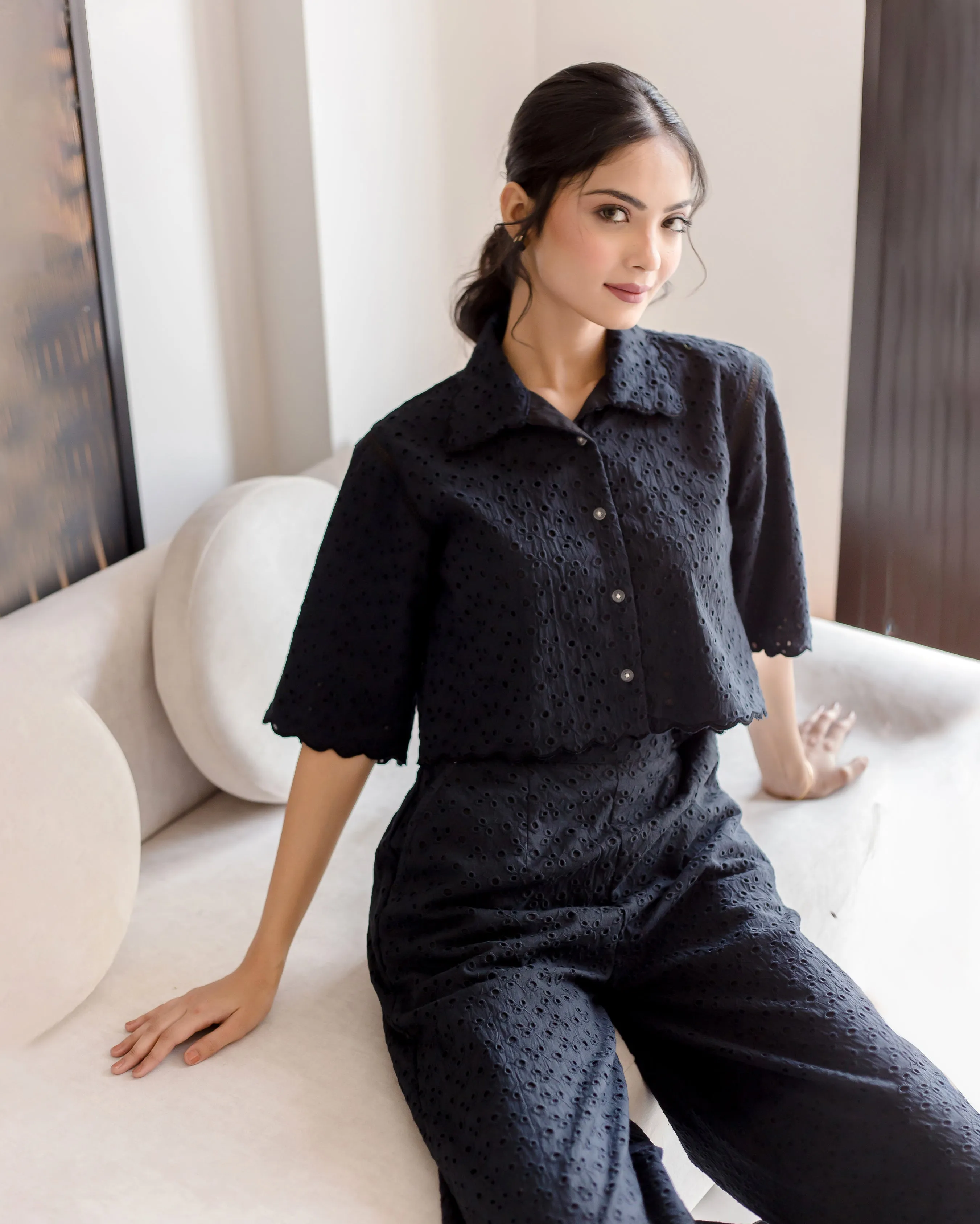 Susan Black Solid Cotton Schiffli Coord Set