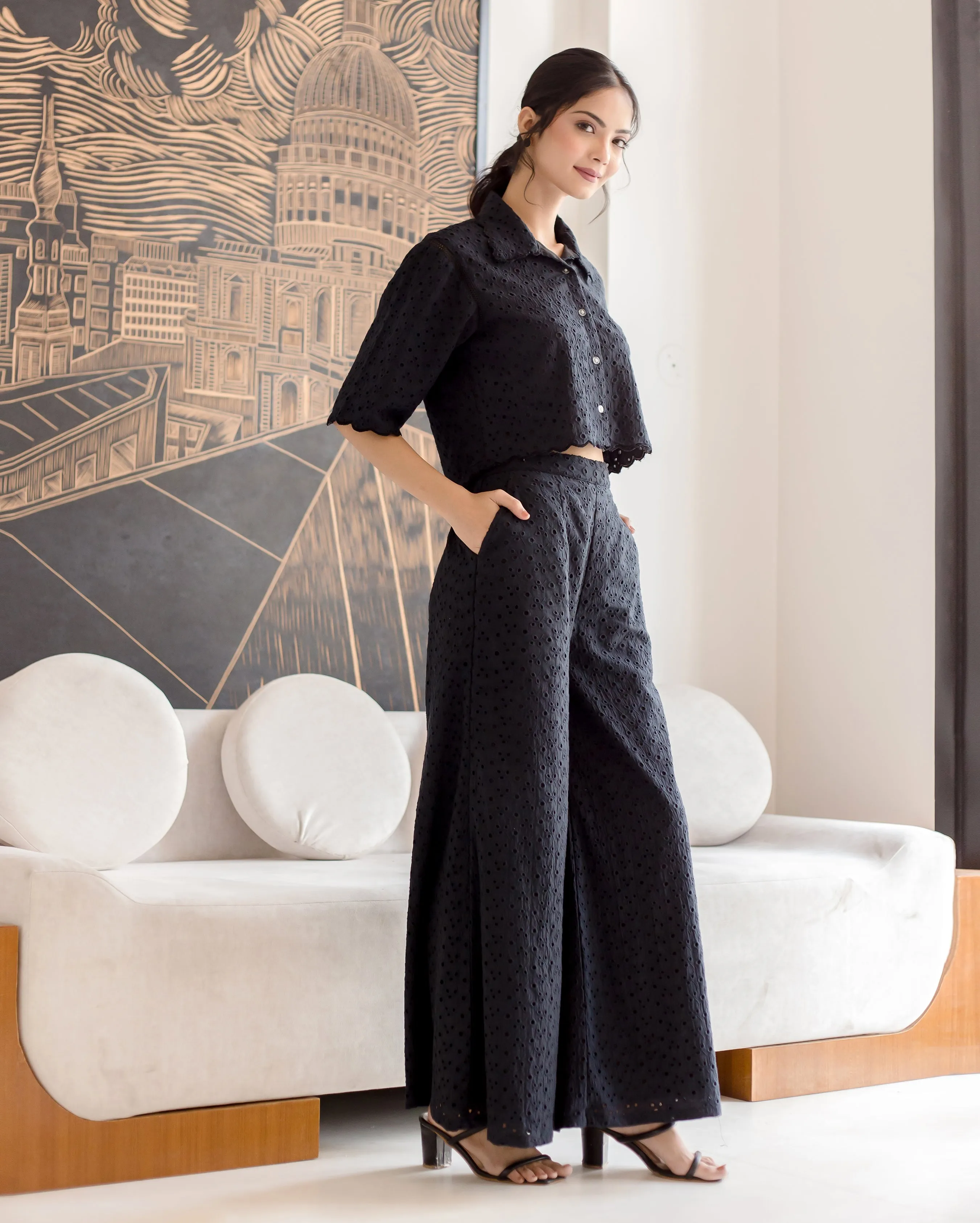 Susan Black Solid Cotton Schiffli Coord Set