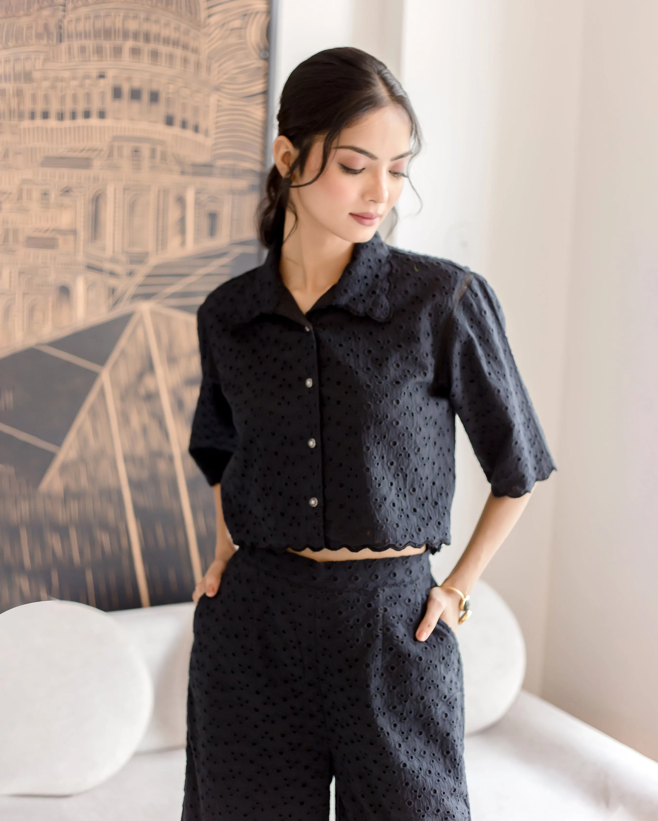 Susan Black Solid Cotton Schiffli Coord Set