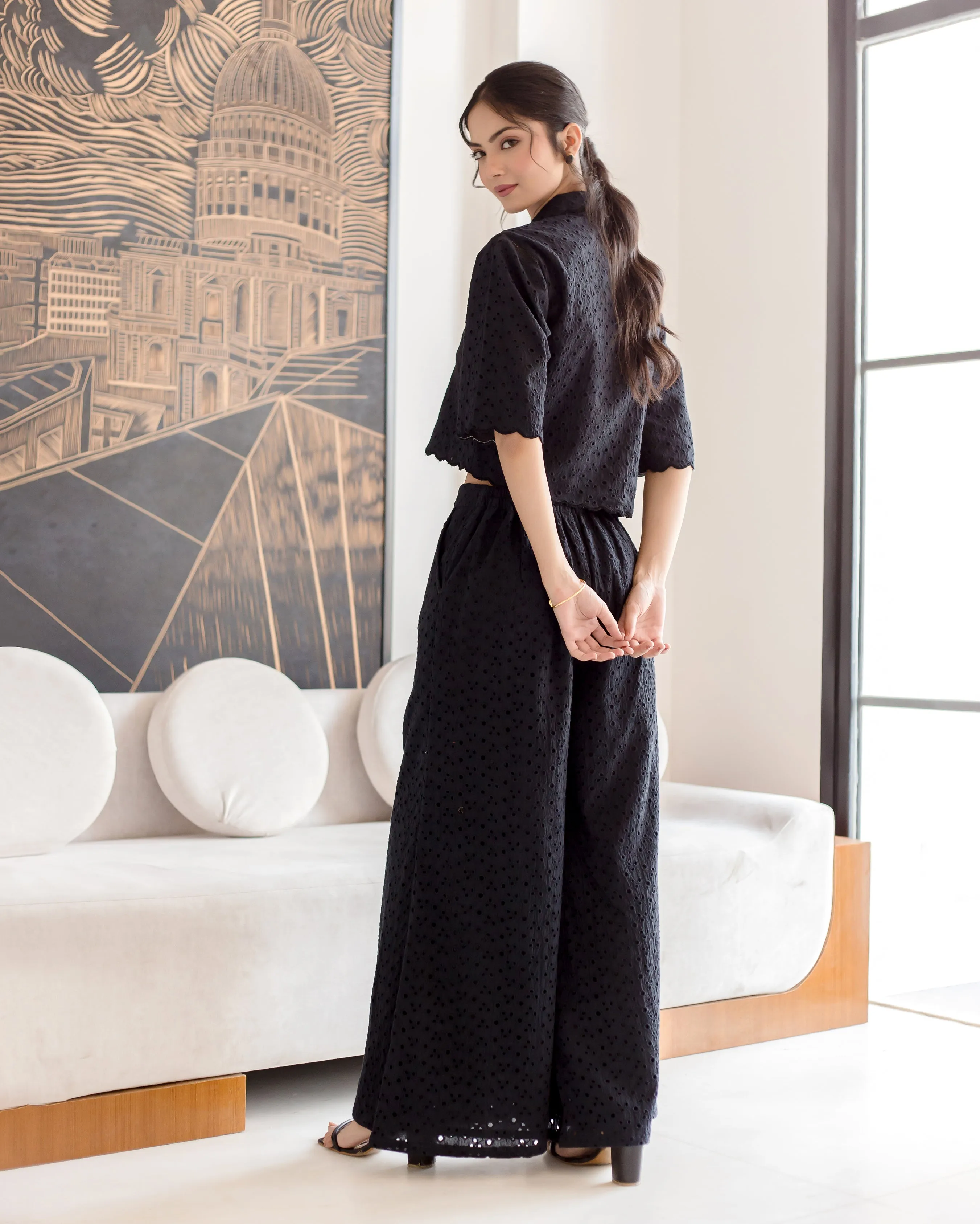Susan Black Solid Cotton Schiffli Coord Set