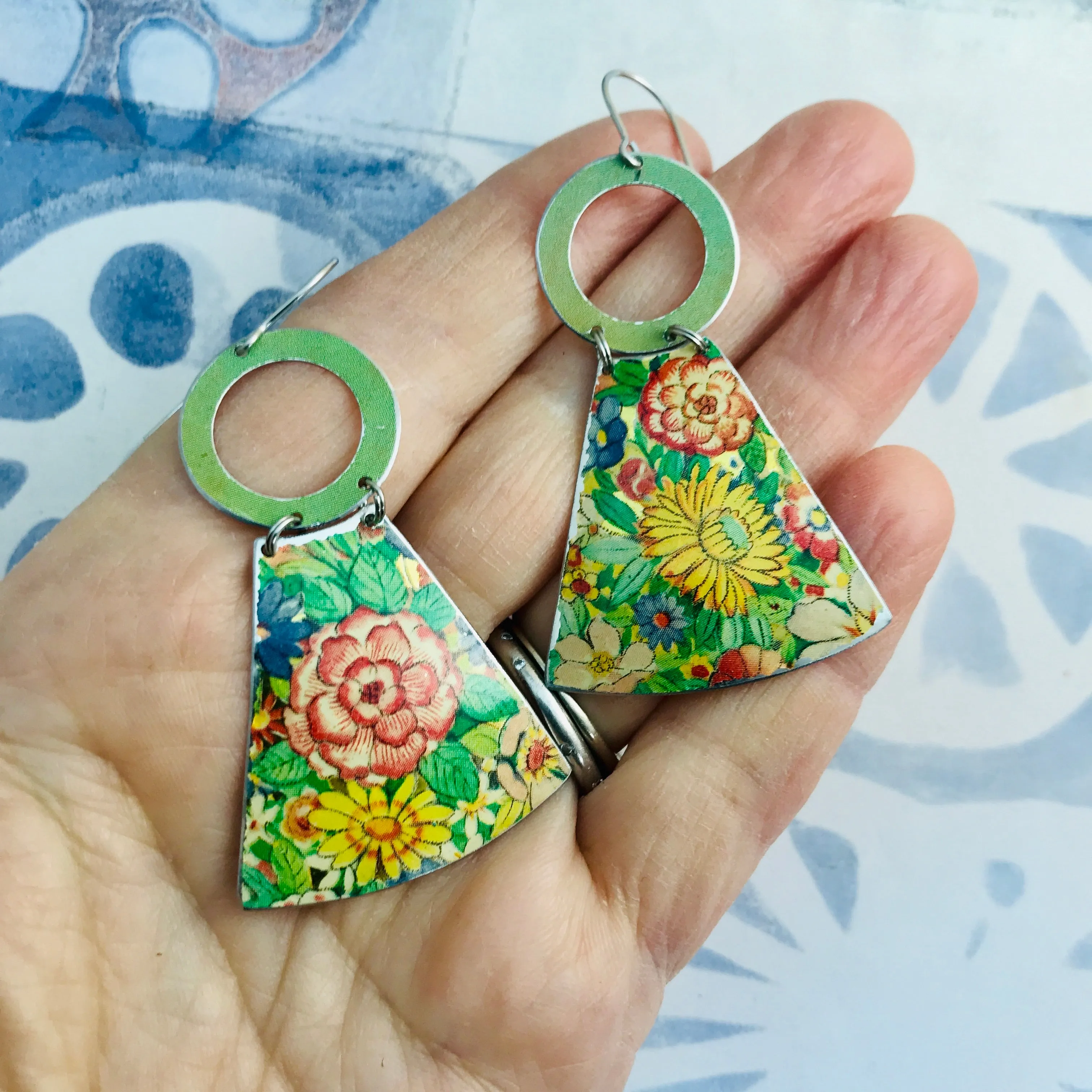 Vintage Overall Blossoms Small Fans Tin Earrings
