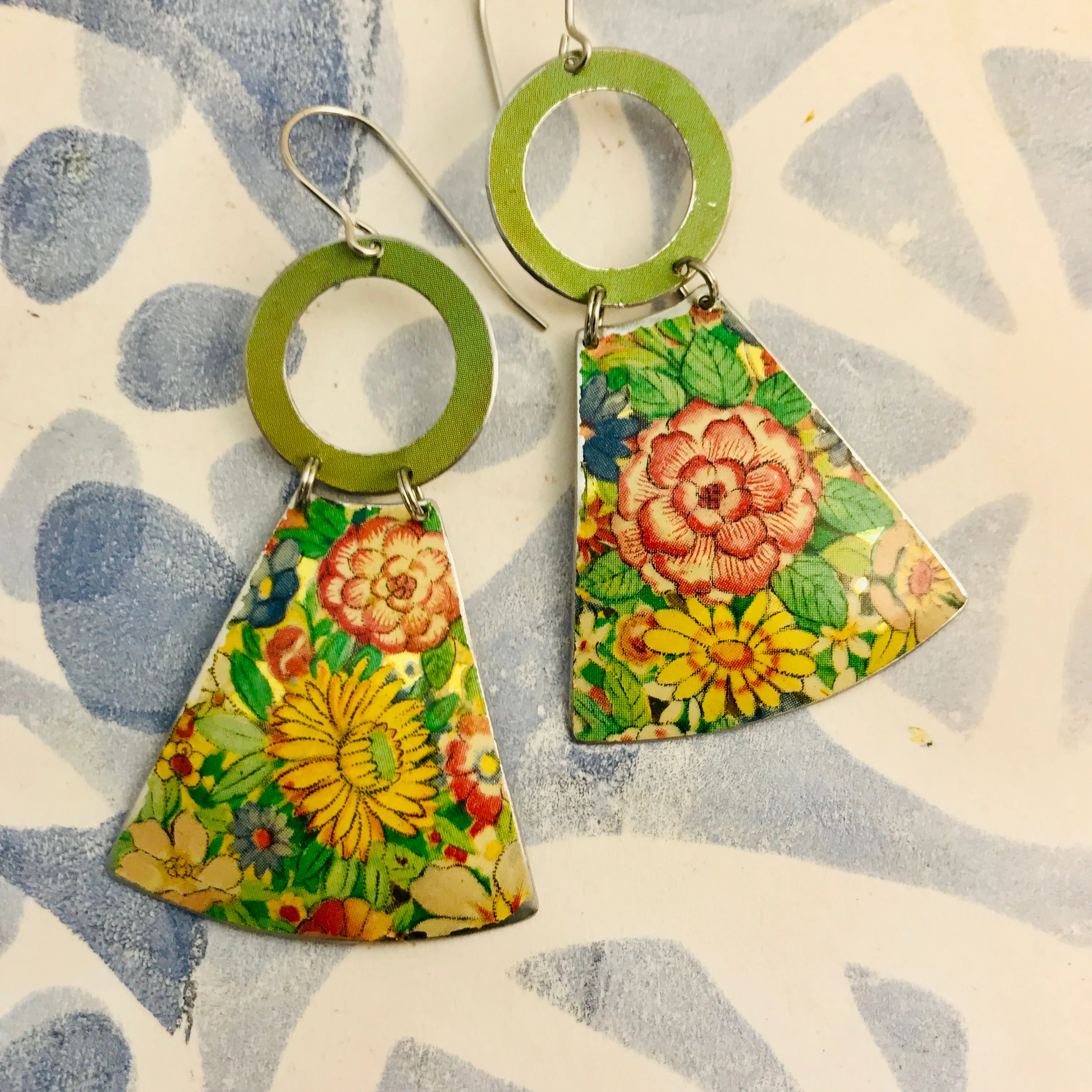 Vintage Overall Blossoms Small Fans Tin Earrings
