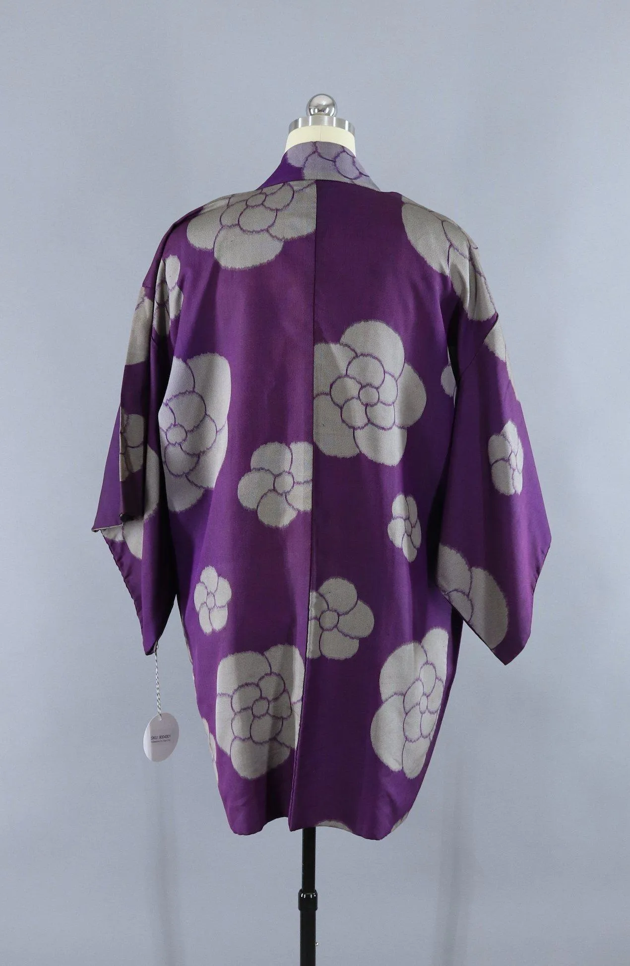 Vintage Silk Kimono Cardigan Jacket / Purple and Grey Floral