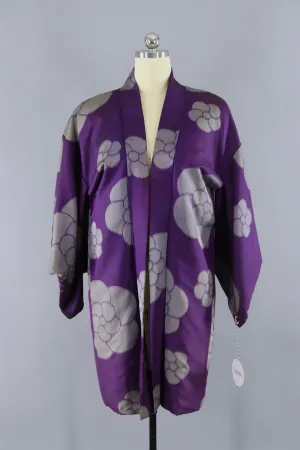 Vintage Silk Kimono Cardigan Jacket / Purple and Grey Floral