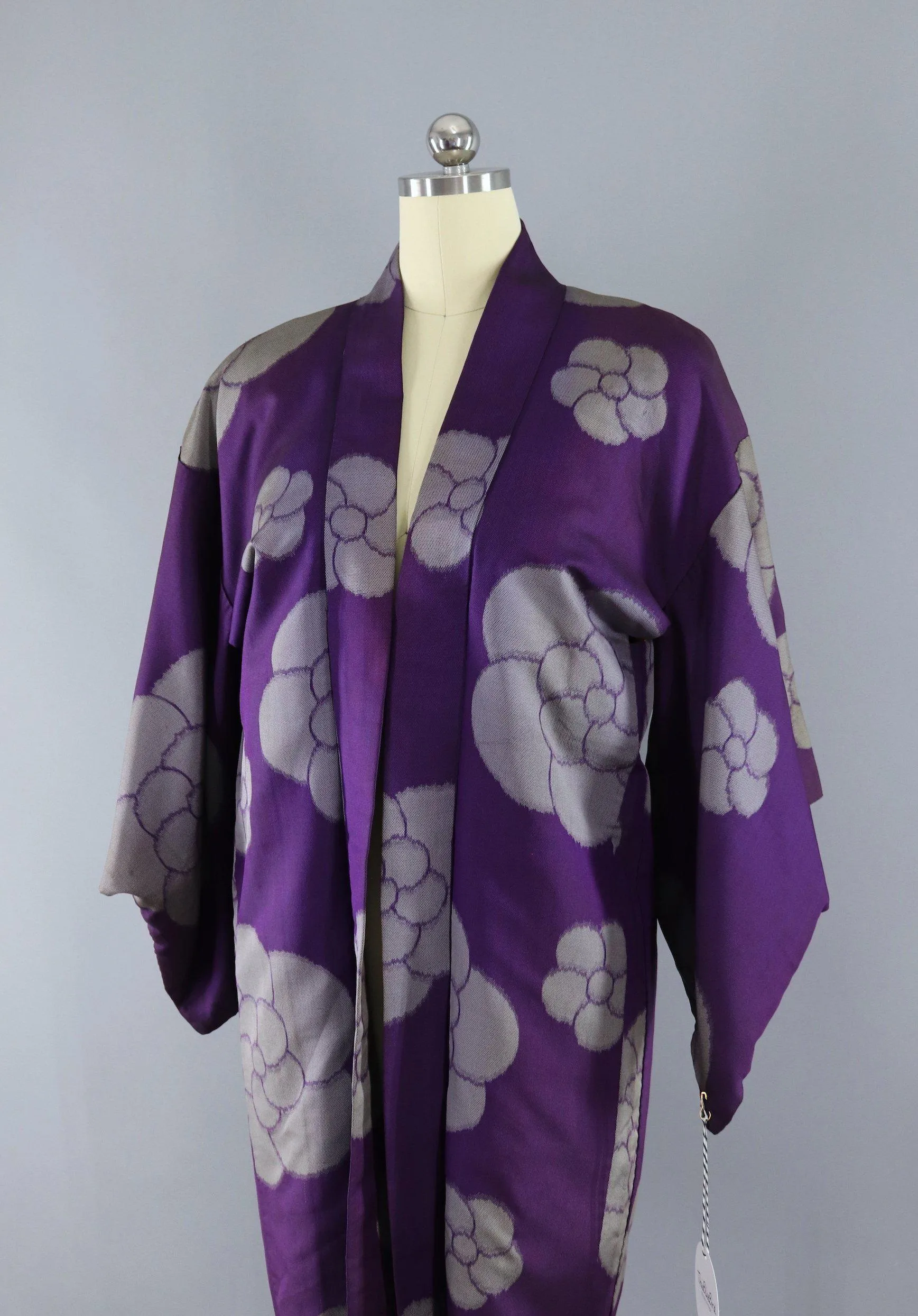 Vintage Silk Kimono Cardigan Jacket / Purple and Grey Floral