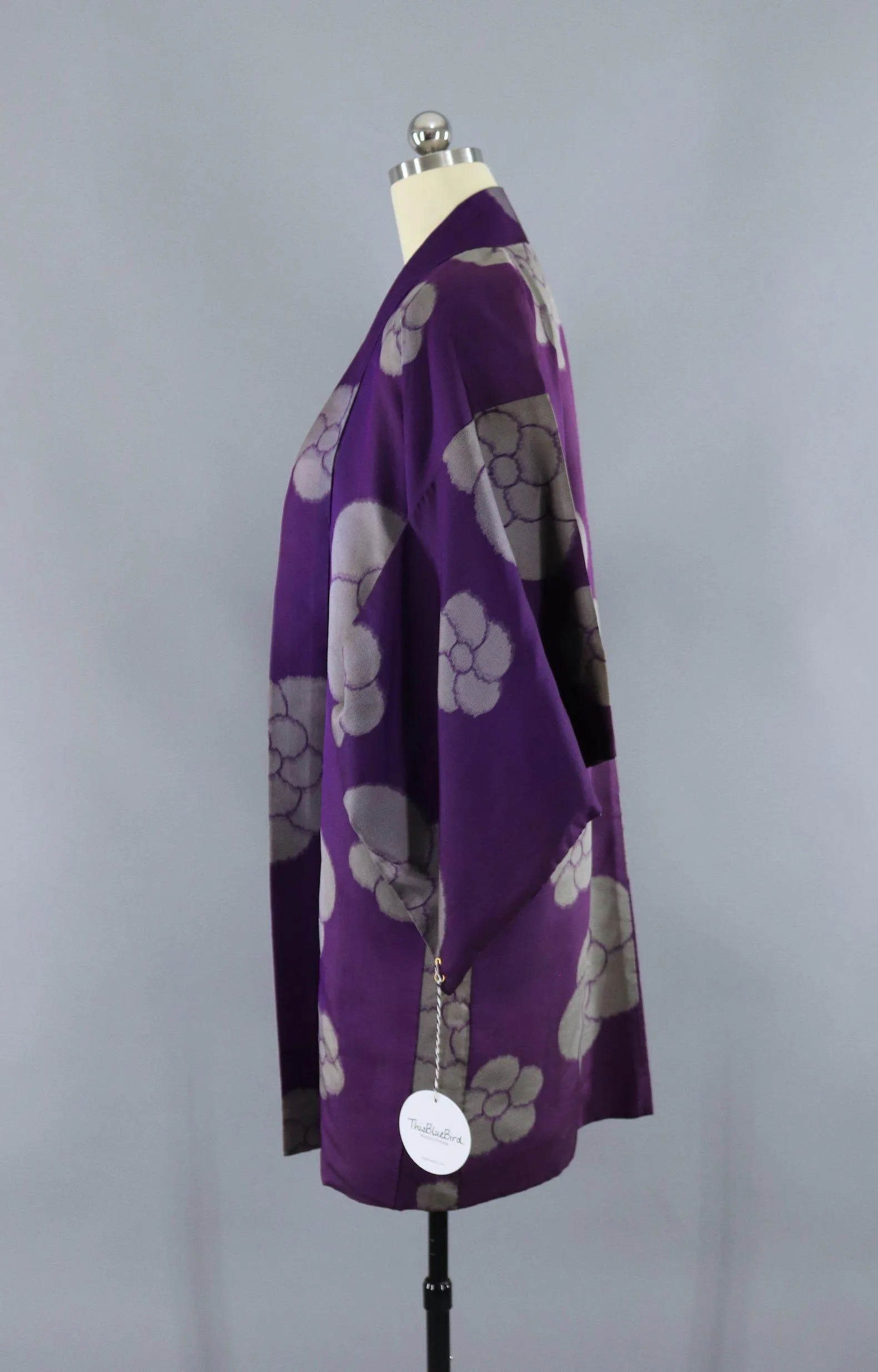 Vintage Silk Kimono Cardigan Jacket / Purple and Grey Floral
