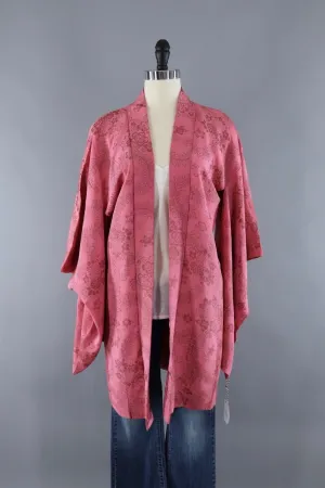 Vintage Silk Kimono Cardigan / Pink Metallic Floral