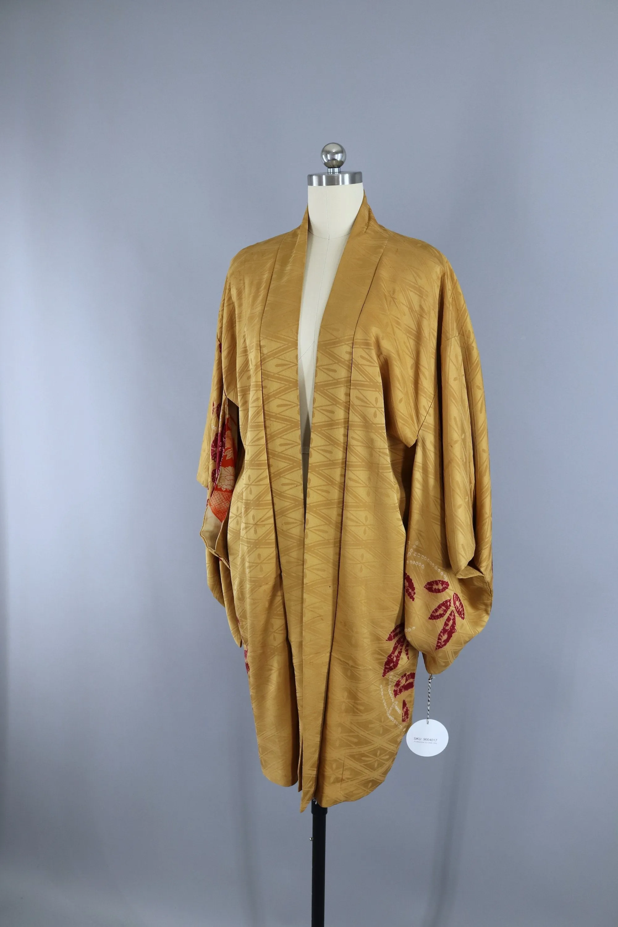 Vintage Silk Kimono Jacket / Gold and Maroon Shibori Floral