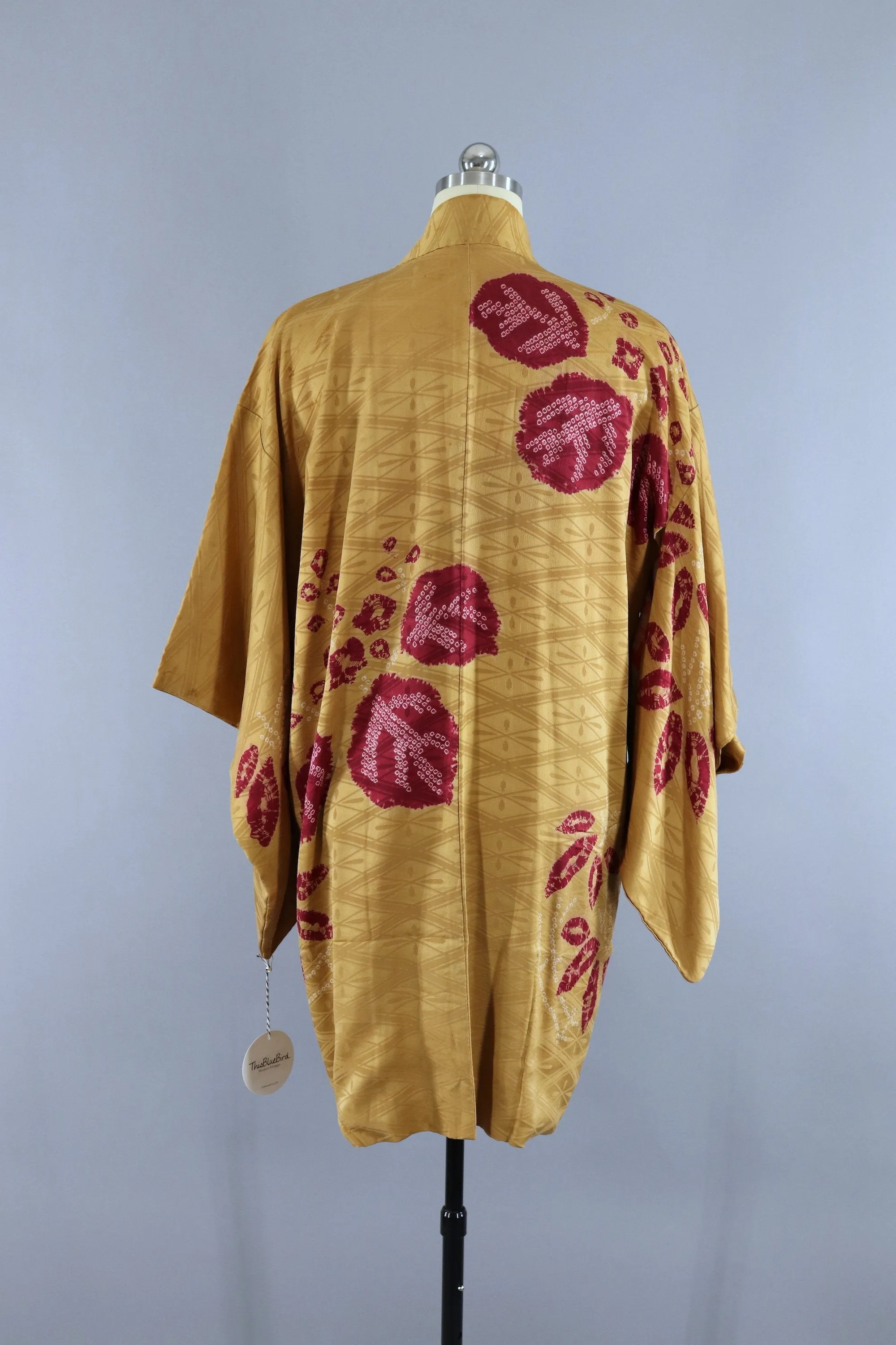 Vintage Silk Kimono Jacket / Gold and Maroon Shibori Floral