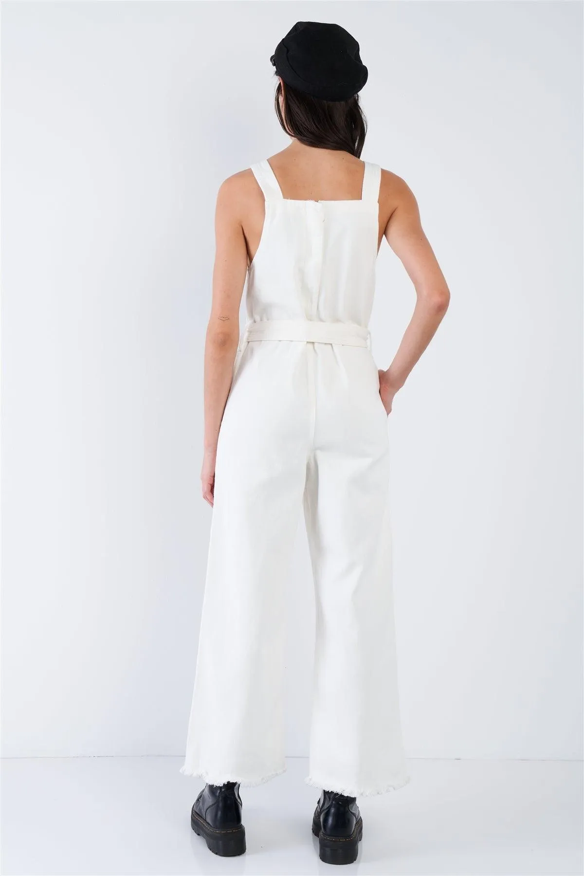 White Denim Raw Hem Wide Leg Waist Sash Jean Overalls  /1-1-2-1