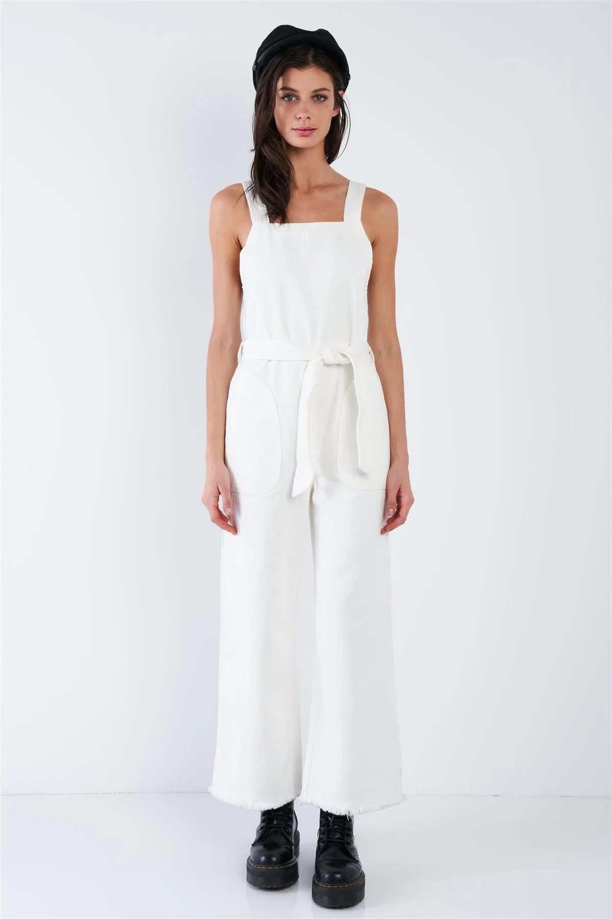 White Denim Raw Hem Wide Leg Waist Sash Jean Overalls  /1-1-2-1