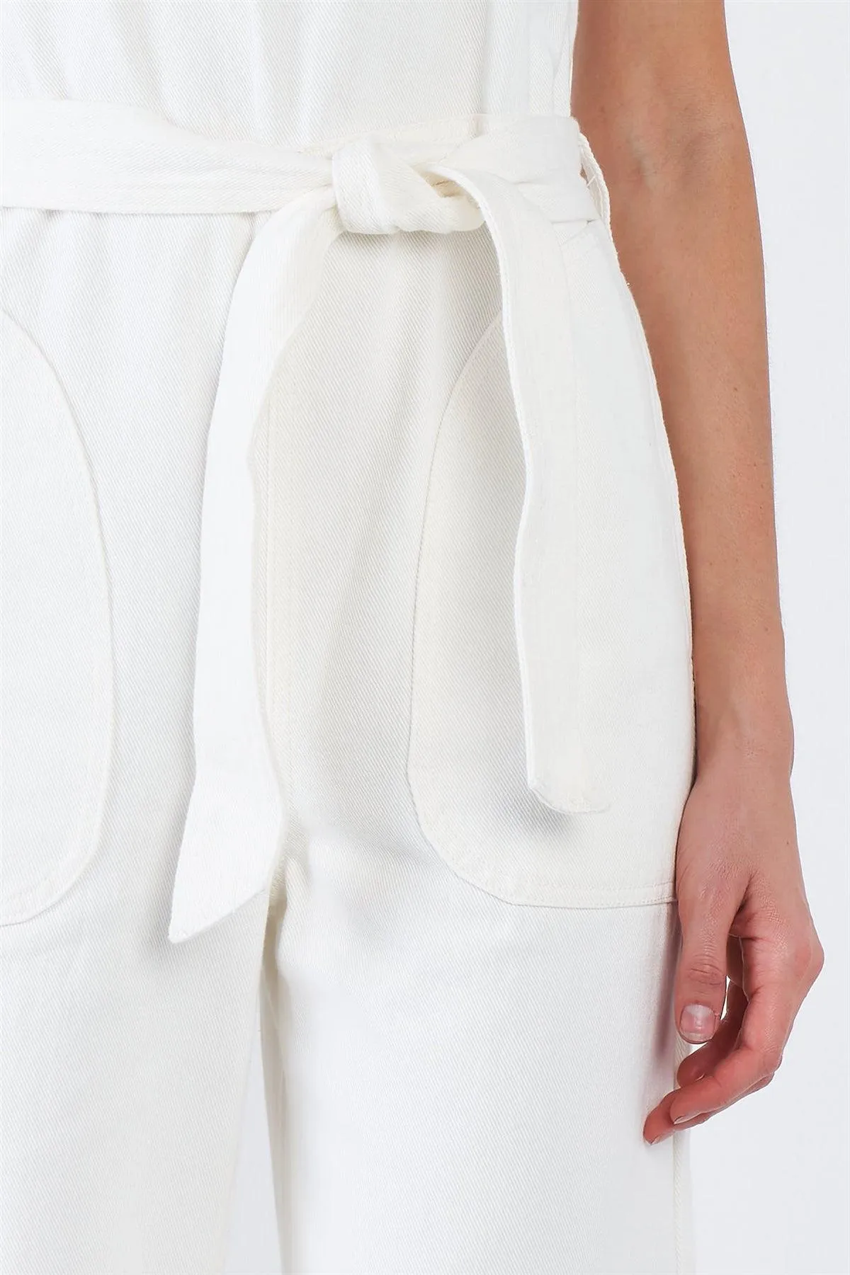 White Denim Raw Hem Wide Leg Waist Sash Jean Overalls  /1-1-2-1