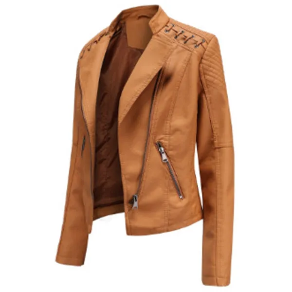 Women's Camel Oblique Zipper Leather Jacket